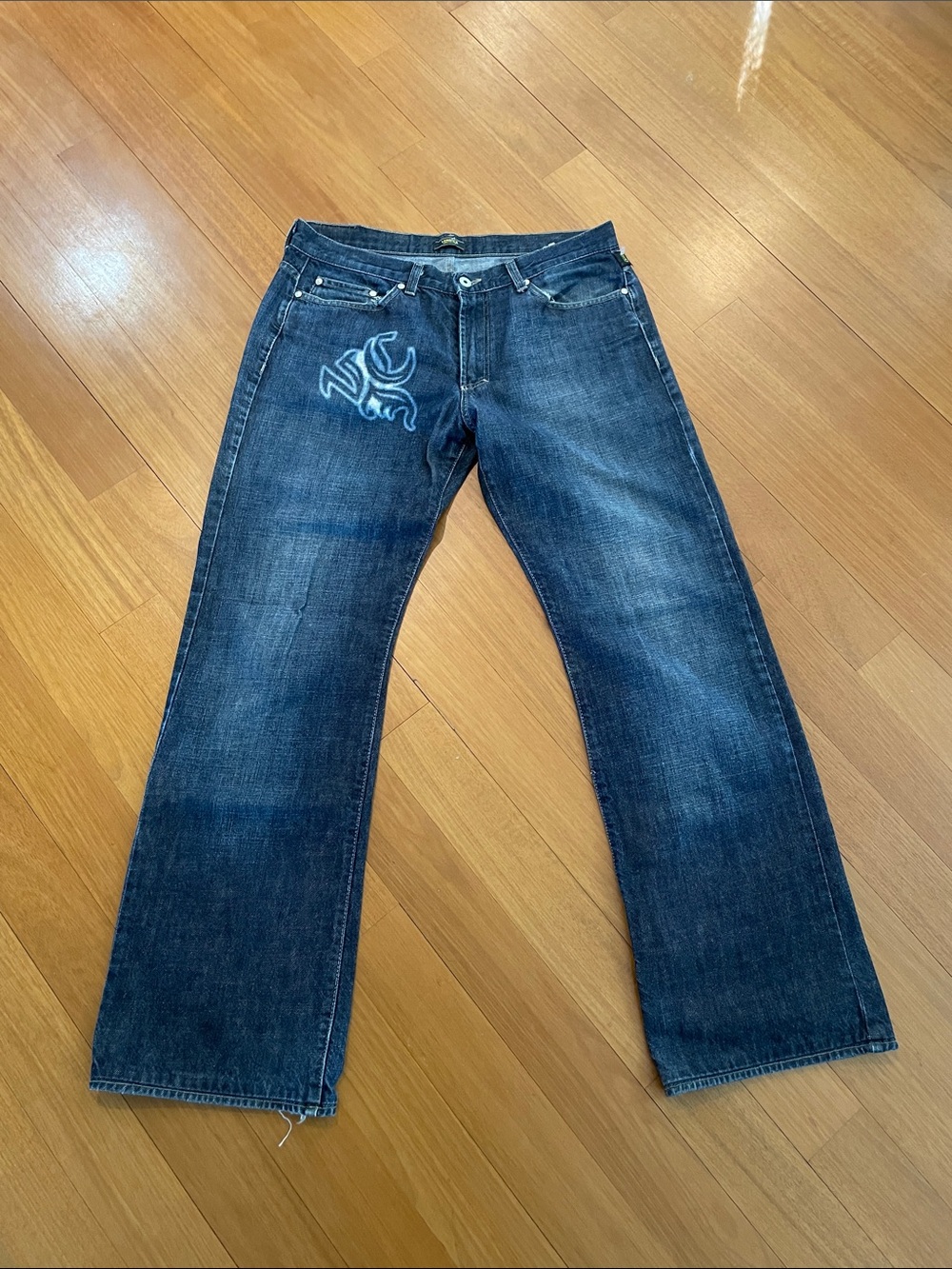 Men's Dark Blue Bootcut Jeans with Light-Blue Embroidery
